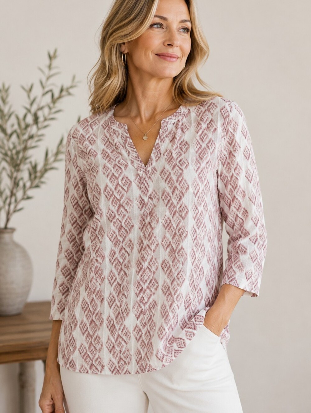 J. Jill Pink and White Cotton Patterned Blouse